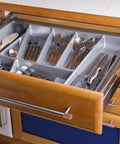 Open drawer showing cutlery with Brown Silicone Corner Guards For Furniture And Drawer Handles Soft Round Edge Protectors visible.