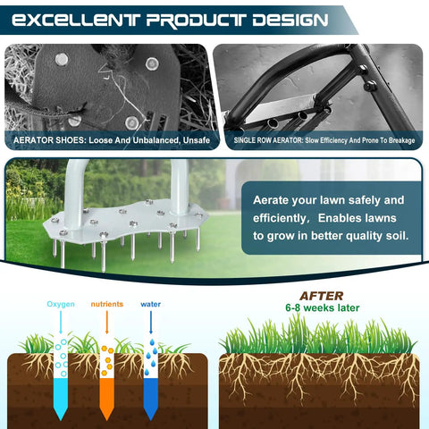 Comparison of lawn aeration methods, highlighting the efficiency of Beefy Spike Lawn Aerator With Non Slip T Handle And Thick Stainless Steel Tube Big Foot Plate For Deeper Penetration Healthier Root Growth And Superior Water Drainage over traditional methods