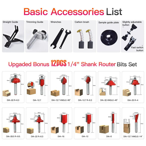 Basic accessories list with bonus 12pcs 1/4 inch shank router bits set for 800W Palm Router Tool For Woodworking Compact Hand Trimmer