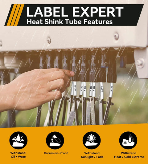 Tough As Nails Heat Shrink Tube Labels For Wires And Cables Quarter Inch With Strong Adhesive, showing labeled wires in rainproof setup.