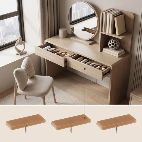 Forty Piece Pack Of Tack In Drawer Glides And Nail On Runner Tracks Featuring Tough Plastic Cushions, shown on a stylish wooden desk.