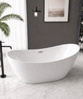 59 Inch Acrylic Freestanding Bathtub Glossy White Deep Ergonomic Soaking Tub with sleek design in modern setting.