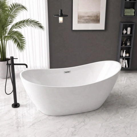 59 Inch Acrylic Freestanding Bathtub Glossy White Deep Ergonomic Soaking Tub with sleek design in modern setting.