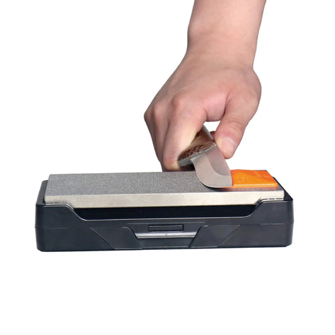 Using Angle Pyramid Whetstone Knife Sharpener Two Pack With Four Universal Angles 14 17 20 25 Degrees Magnetic Orange And Black Guides
