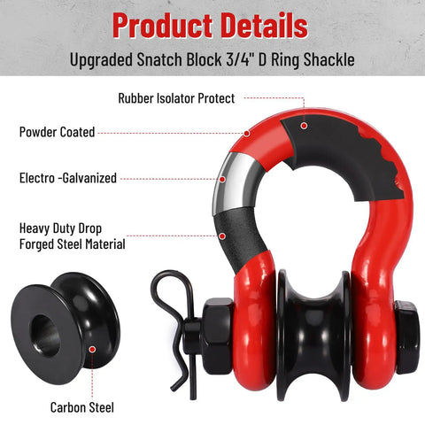 Heavy Duty 3/4 Inch D Ring Shackle With Upgraded Snatch Blocks For Off Road Recovery And Tow Winching, 28.5 Ton Break Strength, 2 Pack Red Fits 7/8 Screw Pin, Works With 7/32-3/8 Inch Steel Cable. Carbon steel D-ring shackle and snatch block detail