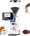 Premium 64Mm Commercial Electric Coffee Grinder With Stainless Steel Flat Burrs And Smart Touchscreen Setup To Easily Crush Beans And Dial In Your Daily Brew Like A Pro In Clean White Finish, featuring digital display and coffee beans.