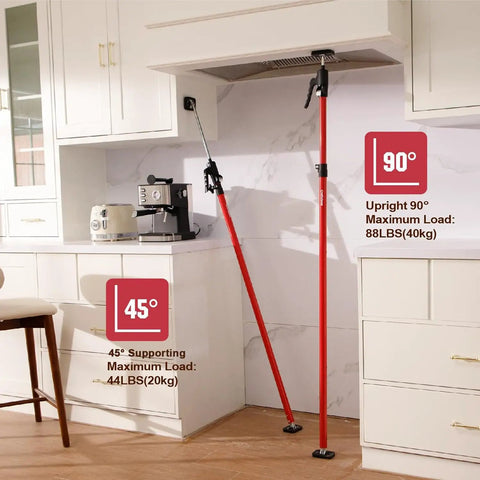 Heavy Duty Cabinet Jacks Support Poles, 4 Pack Telescopic Drywall Lift Assist Tools in kitchen with adjustable angles.