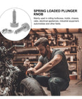 Two Pack Straight Up Heavy Duty Knurled Knobs And Indexing Plungers Quick Release Pins in a garage setting with tools.