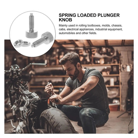 Two Pack Straight Up Heavy Duty Knurled Knobs And Indexing Plungers Quick Release Pins in a garage setting with tools.