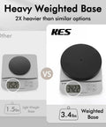 Comparison of heavy base for Freestanding Matte Black Toilet Paper Holder Stand, showing 3.4 lbs on scale vs 1.5 lbs for others