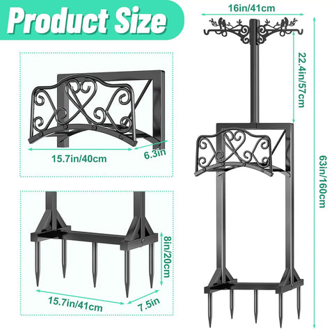 Heavy Duty Free Standing Garden Hose Holder Stand With Two Shepherd Hooks Detachable Metal Hose Storage Rack size diagram