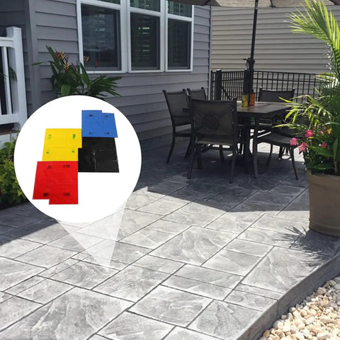4 Pack 24x24 Concrete Stamping Mats Set With Realistic Slate Texture Durable Polyurethane Stamping Mats For Walls And Floors Transform Patios Driveways Pools And Outdoor Surfaces With Natural Stone Look No Brainer. Installed on patio with set of colored mats.