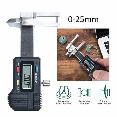 Stainless Steel Digital Caliper 0 To 25mm With 0.03mm Accuracy, 1.5V Battery, Smart Electronic Display, measuring ring thickness.