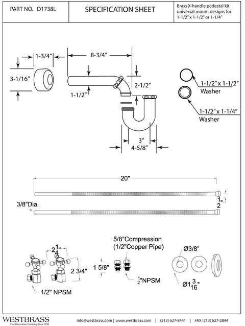 Specification sheet for Victorian Pedestal Lavatory Kit With Cross Handles In Polished Nickel for freestanding sinks.