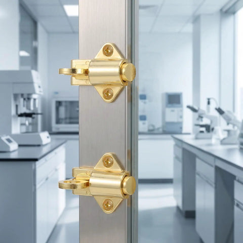 Spring Loaded Zinc Alloy Cabinet Lock with Self Locking Bolt installed on a door in a lab setting.