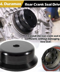 6.6L Duramax Diesel Main Crankshaft Seal Driver Kit for rear crank seal installation close-up on engine and tool