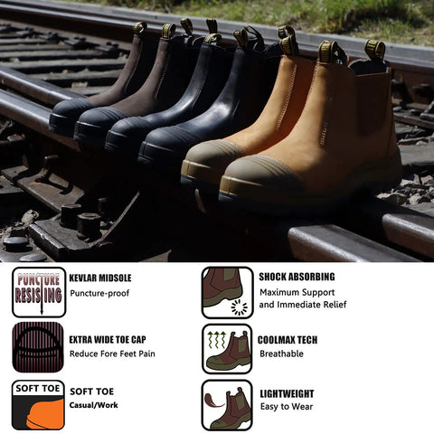 Soft Toe Waterproof Slip On Work Boots For Men With Wide Toe Box Slip Resistant Anti Static Safety Shoes For Tough Job Sites Lightweight Leather Construction Durable Comfort For Daily Wear Sizes 9 10 11 12 13