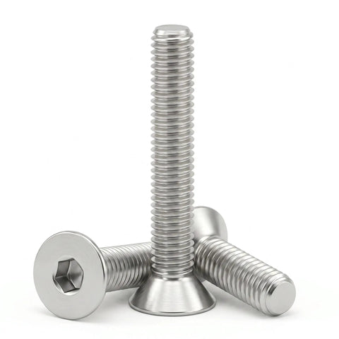 M5 X 10mm Flat Head Hex Socket Cap Screws 25 Pack Includes Allen Wrench 304 Stainless Steel showing fully threaded bolts