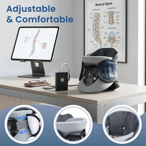 Sick Of Neck Pain? This Adjustable Cervical Traction Device With Built Air Pump on office desk with air pump and spine chart.