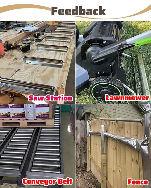 Heavy Duty Stainless Steel Gravity Roller 2 Inch For Warehouse Conveyor Belts Unpowered Transmission Parts With 12Mm Axle And 5.9 Inch Length Pack Of 2 displayed in a saw station setup.