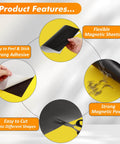 Product features showing Adhesive Magnetic Sheets 8x10 Inches Flexible Magnetic Paper 50 Pack with Sticky Backing for Crafts and DIY