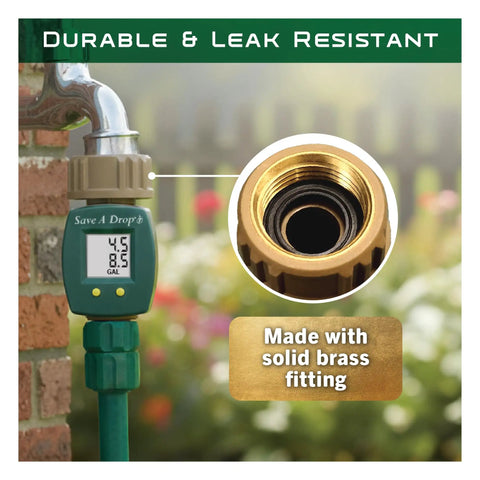 Brass Water Flow Meter for Outdoor Hoses and Lawn Sprinklers showing LCD and brass connector, tracks gallons used to 0.1 gal