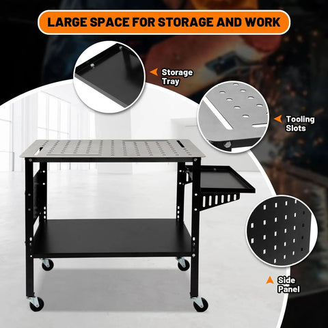 Heavy Duty Welding Table 36x24 Inch Portable Carbon Steel Workbench With 1200 Lb Load Capacity Locking Casters and wheels shown