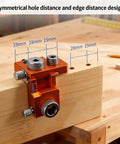 Skip The Guesswork With This Top Shelf Double Hole Drill Positioner Jig For Woodworking And Cabinet Builds, showing precise measurements on jig.
