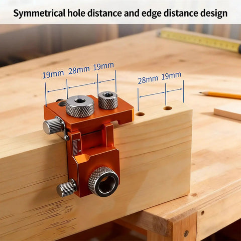 Skip The Guesswork With This Top Shelf Double Hole Drill Positioner Jig For Woodworking And Cabinet Builds, showing precise measurements on jig.