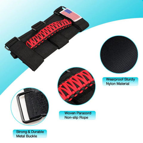 Four Pack Jeep Grab Handles For Roll Bar Paracord Set Off Road Ready Interior Upgrades For Wrangler And Gladiator CJ YJ TJ JL JK LJ JLU JKU Sahara Rubicon And JT With Red American Flag, showing black nylon material and red paracord on durable metal buckle.