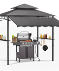 8x8 Heavy Duty Steel Frame Grill Gazebo With Double Tier Canopy Shelves Ceiling Hooks And Ground Stakes Waterproof UV Proof Outdoor Patio Tent For BBQ Backyard Gray