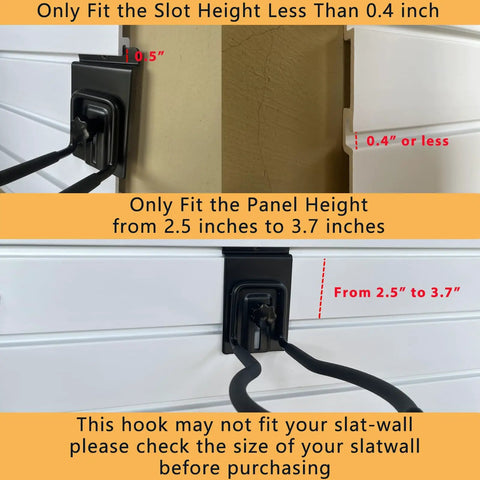 Adjustable Slatwall Weedeater And String Trimmer Hanger With Lockable Feature, shown fitting slatwall slot and panel dimensions.