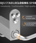 Close-up of adjustable self closing pivot door hinge heavy duty hidden hinge for commercial and home use with Allen wrench adjustments.