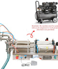 Double Head Pneumatic Liquid Filling Machine With Stainless Steel Body featuring auto manual controls, pipes, and foot switch for liquid filling.