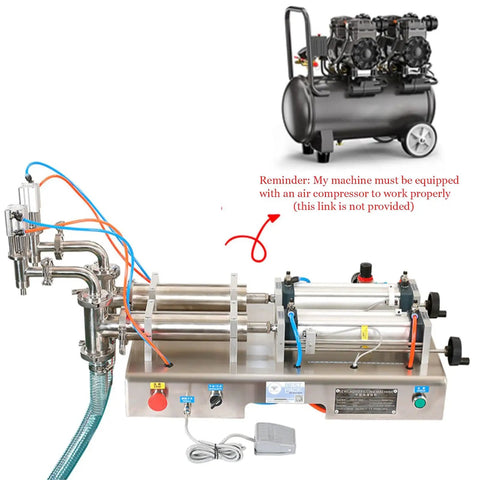 Double Head Pneumatic Liquid Filling Machine With Stainless Steel Body featuring auto manual controls, pipes, and foot switch for liquid filling.