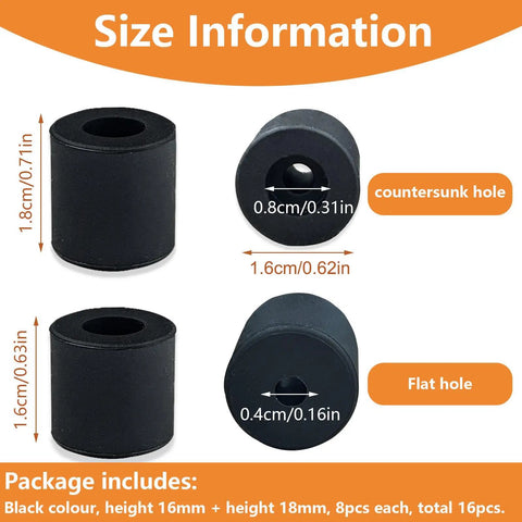 16 Pack 3D Printer Silicone Bed Leveling Mounts, Heat Resistant Bed Spacers 16 Mm And 18 Mm, Stable Hot Bed Leveling Columns For Most 3D Printers, Black 0.62 Inch And 0.7 Inch Replacement Parts with size details.