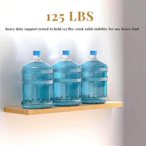 Straight Up Heavy Duty Floating Shelf Brackets For A No Sweat Diy Upgrade includes three water bottles on a wooden shelf.