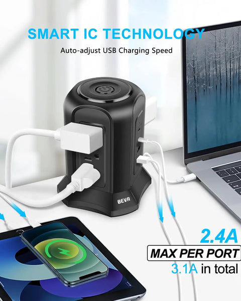 13 In 1 Tower Surge Protector With USB Charging Station 9 AC Outlets And 4 Smart USB Ports on desk with plugged devices