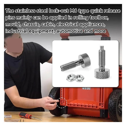Two Pack M6 Retractable Indexing Plunger Pins With A Sweet Knurled Handle And Heavy Duty Spring Lock Mechanism, shown being used in a toolbox.