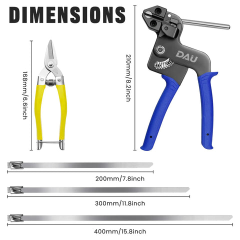 Heavy Duty Stainless Steel Cable Tie Gun Kit With 150 Zip Ties In Three Sizes, dimensions displayed for fencing and bundling use.