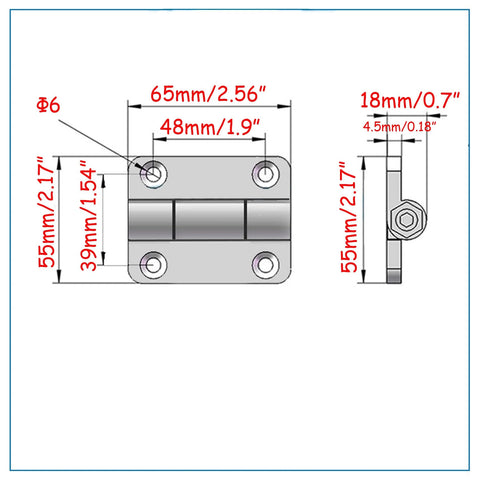 Diagram of Heavy Duty Adjustable Position Control Damping Hinges 2 Pack Black Zinc Alloy For Furniture Cabinets Equipment 0 To 2.5 Nm Torque With Countersunk Holes 65 By 55 Mm showing dimensions