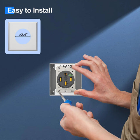 Installation of Beefy 50 Amp EV Outlet 14 50R Receptacle For 240V Level 2 Charging in a blue wall.