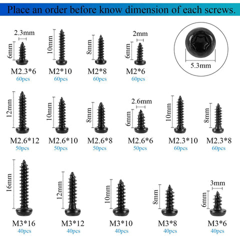 Dimensional overview of 760 Pcs Heavy Duty Torx Star Drive Pan Head Self Tapping Wood Screws Black Carbon Steel M2 M2.3 M2.6 M3.
