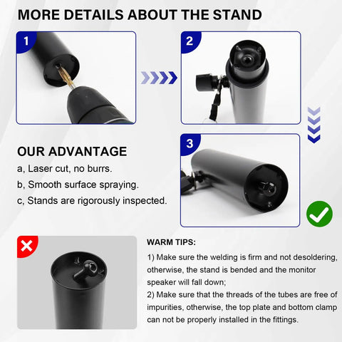 Close-up details of Pro Grade Studio Monitor Stands Pair With Desk Clamp showing laser cuts, smooth finish, and welding advice.