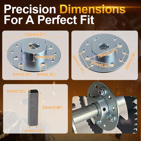 Axle Hub With One Inch Bore And One Quarter Inch Keyway Steel Sprocket Hub For Predator 212cc And 196cc Go Karts Drift Trikes Dune Buggies Racing Cart Parts with precision dimensions display