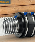 Solid Build 6 To 4 Inch Dust Collection Hose Reducer Adapter Featuring Slip On Flex Collar And Heavy Gauge Steel Clamps For Quick Job Site Tool Hookups with blue clamps and flexible connector.