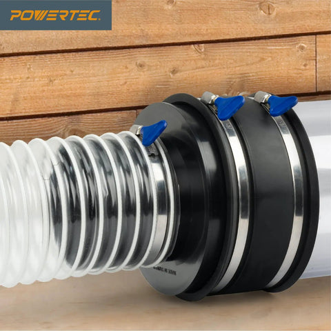 Solid Build 6 To 4 Inch Dust Collection Hose Reducer Adapter Featuring Slip On Flex Collar And Heavy Gauge Steel Clamps For Quick Job Site Tool Hookups with blue clamps and flexible connector.