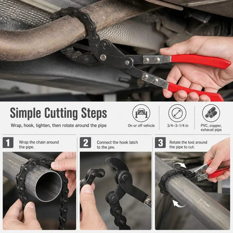 Exhaust Pipe Cutter For Three Quarters To Three And A Quarter Inch Tubing, One-Handed Chain Tailpipe Cutter For On-Vehicle Repairs, Heavy-Duty Cutting Tool For Mufflers, PVC And Copper Pipes In Tight Or Cramped Spaces on exhaust pipe