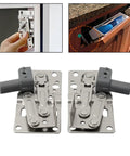 Soft Close Flip Out Tray Hinges for Sink Front Drawers, 1 Pair, Anti Rust Steel, Heavy Duty Scissor Hinges shown in use and laid out