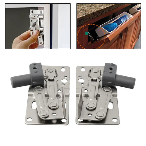 Soft Close Flip Out Tray Hinges for Sink Front Drawers, 1 Pair, Anti Rust Steel, Heavy Duty Scissor Hinges shown in use and laid out